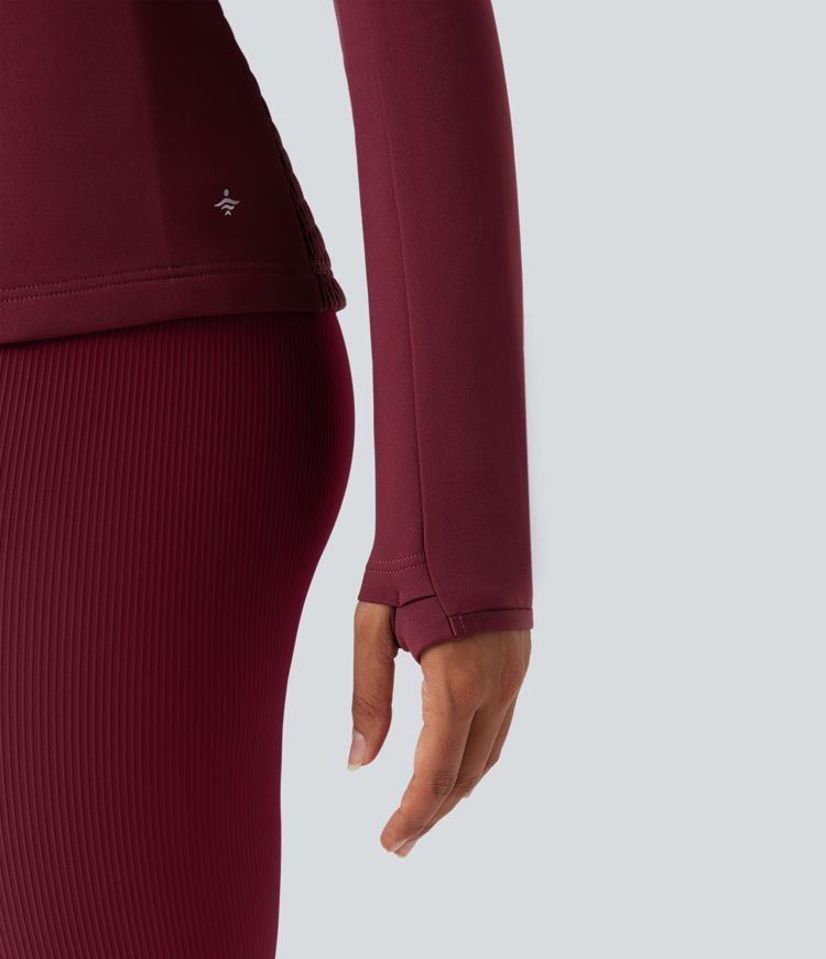 Stand Collar Long Sleeve Thumb Holes Shirred Workout Padded Jacket with Pockets