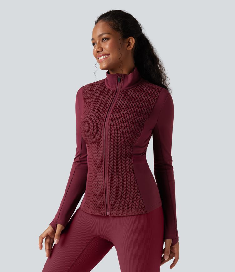 Stand Collar Long Sleeve Thumb Holes Shirred Workout Padded Jacket with Pockets