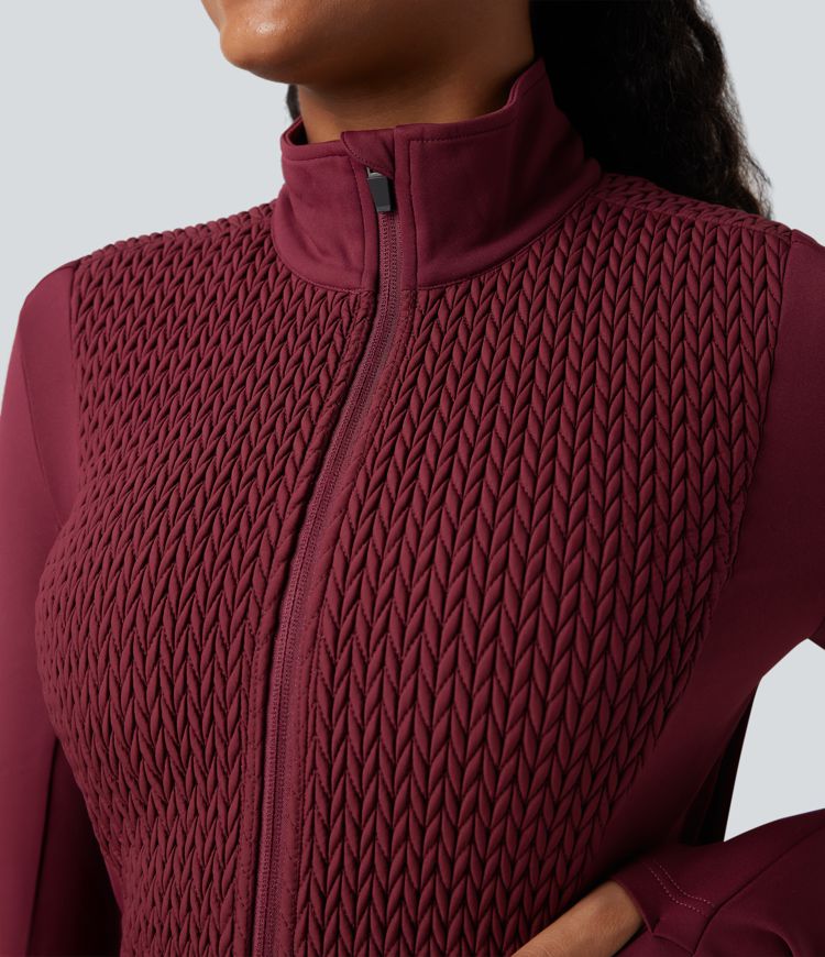 Stand Collar Long Sleeve Thumb Holes Shirred Workout Padded Jacket with Pockets