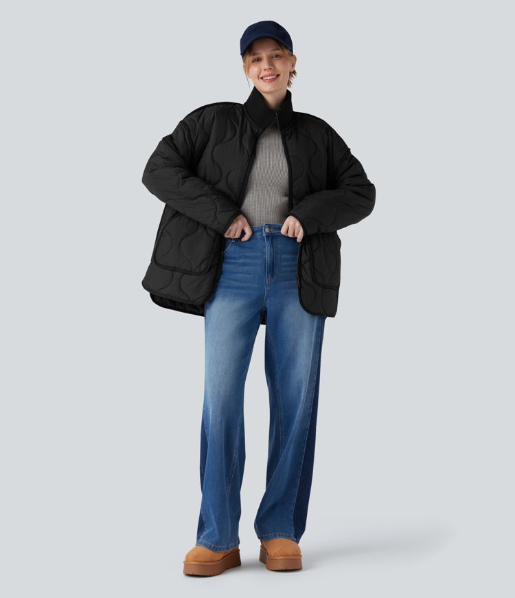 Veste matelassée décontractée zippée à col montant, manches longues et poches.