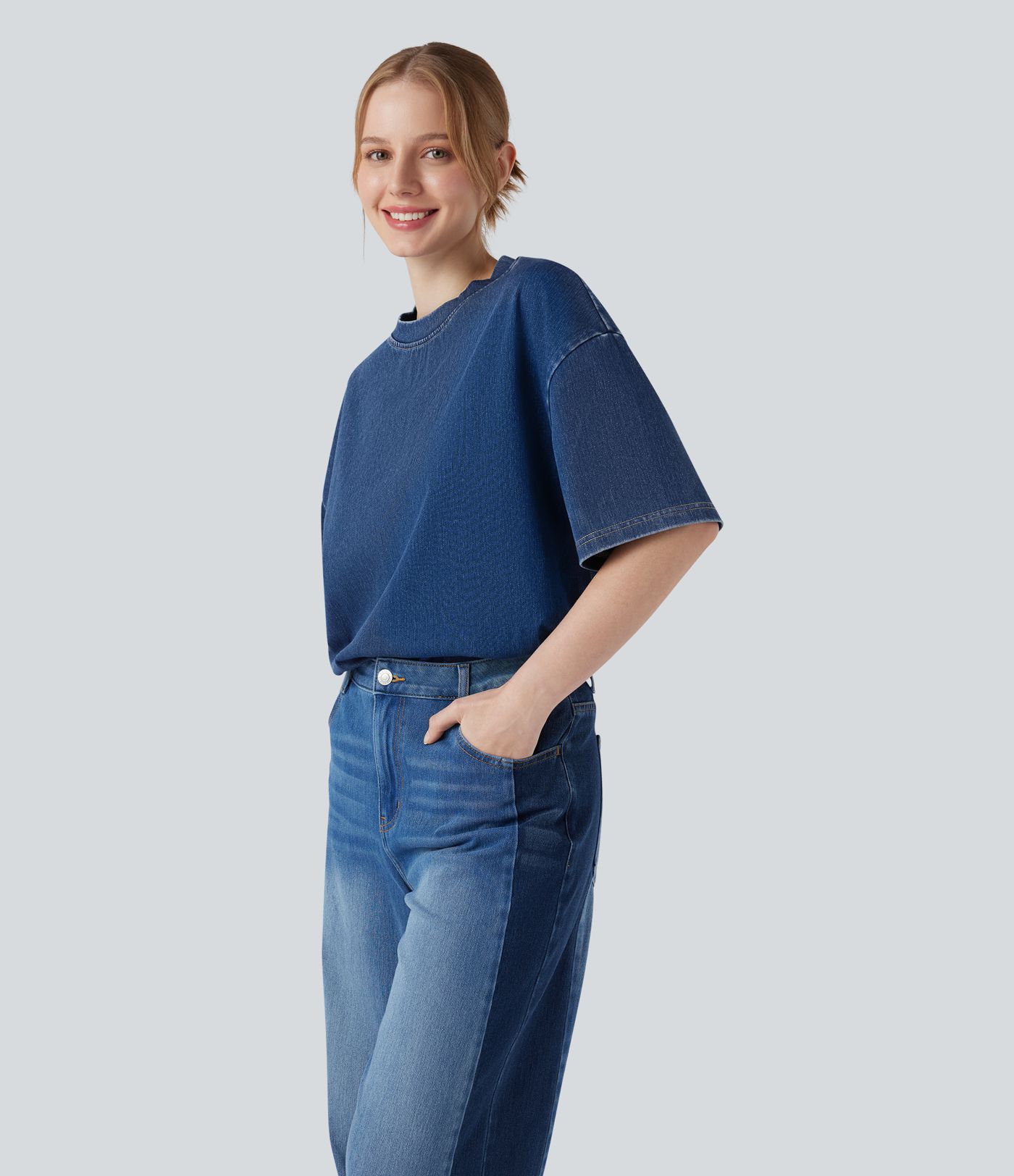 Halara Flex™ T-shirt casual en denim à col rond et manches courtes