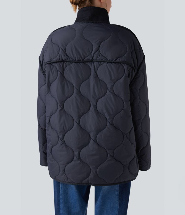High Neck Zipper Long Sleeve Casual Quilted Jacket with Pockets