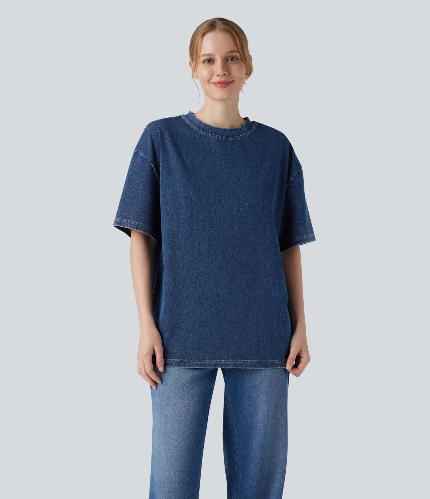 Halara Flex™ T-shirt casual en denim à col rond et manches courtes