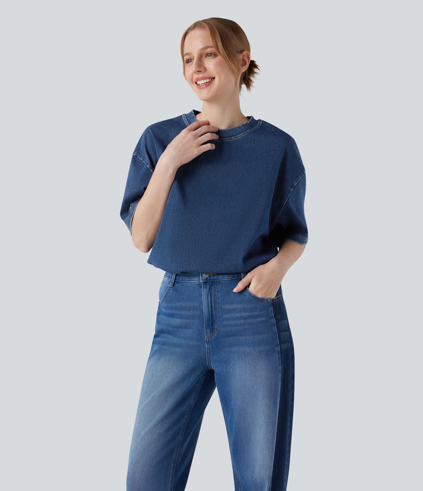 Halara Flex™ T-shirt casual en denim à col rond et manches courtes