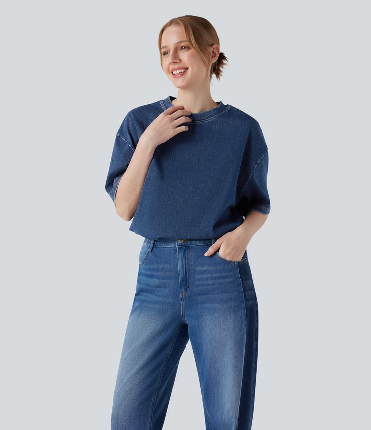 Halara Flex™ T-shirt casual en denim à col rond et manches courtes