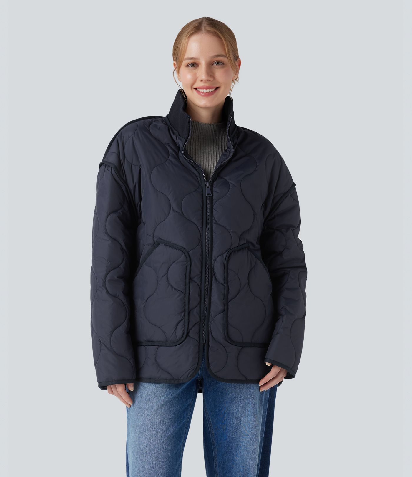 High Neck Zipper Long Sleeve Casual Quilted Jacket with Pockets