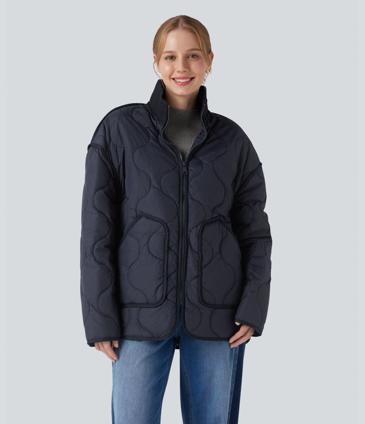High Neck Zipper Long Sleeve Casual Quilted Jacket with Pockets