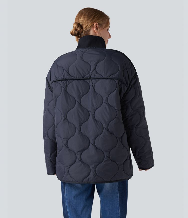 High Neck Zipper Long Sleeve Casual Quilted Jacket with Pockets