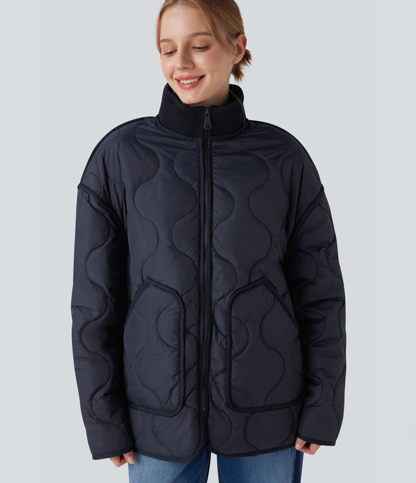 High Neck Zipper Long Sleeve Casual Quilted Jacket with Pockets
