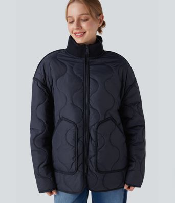 High Neck Zipper Long Sleeve Casual Quilted Jacket with Pockets