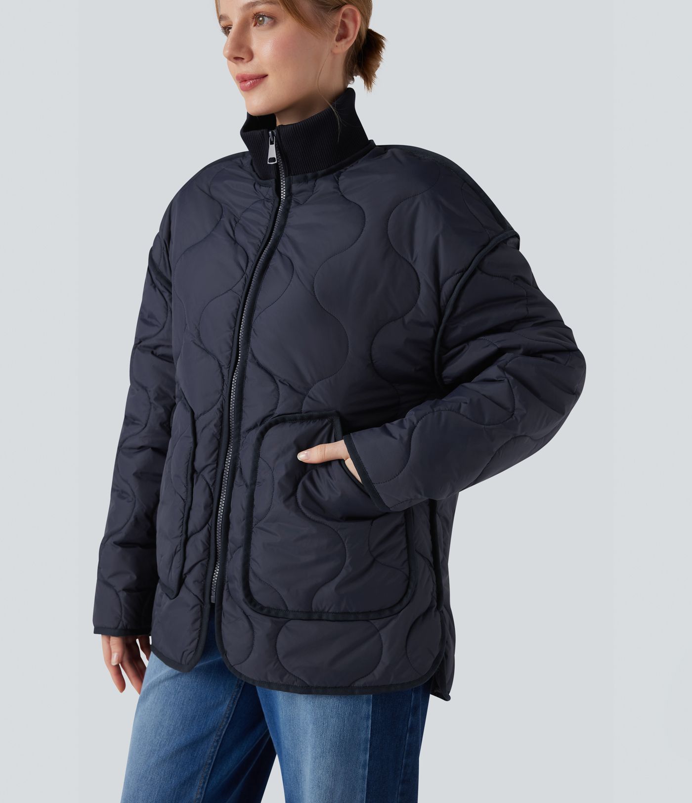 High Neck Zipper Long Sleeve Casual Quilted Jacket with Pockets