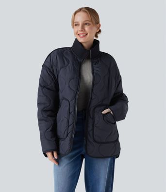 High Neck Zipper Long Sleeve Casual Quilted Jacket with Pockets
