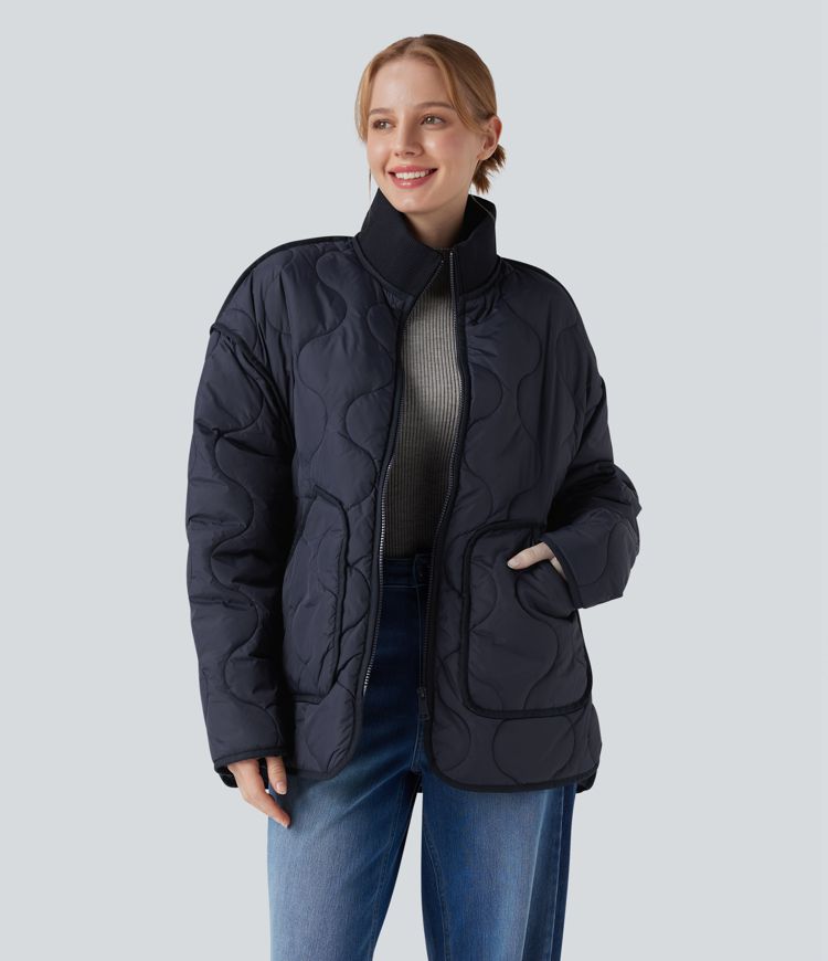 High Neck Zipper Long Sleeve Casual Padded Jacket with Pockets