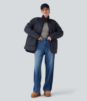 High Neck Zipper Long Sleeve Casual Quilted Jacket with Pockets