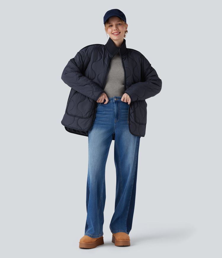 High Neck Zipper Long Sleeve Casual Quilted Jacket with Pockets