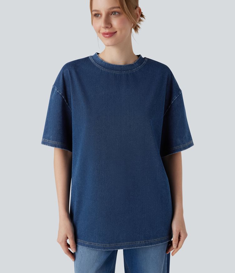 Halara Flex™ T-shirt casual en denim à col rond et manches courtes