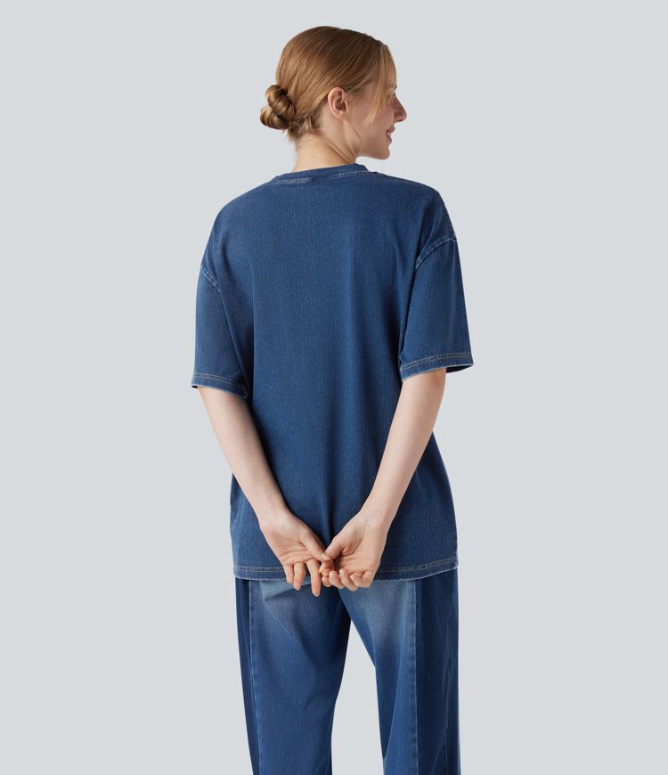 Halara Flex™ T-shirt casual en denim à col rond et manches courtes