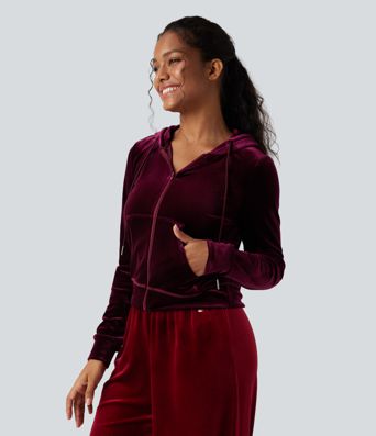 Hooded Drawstring Zipper Long Sleeve Velvet Casual Jacket with Pockets