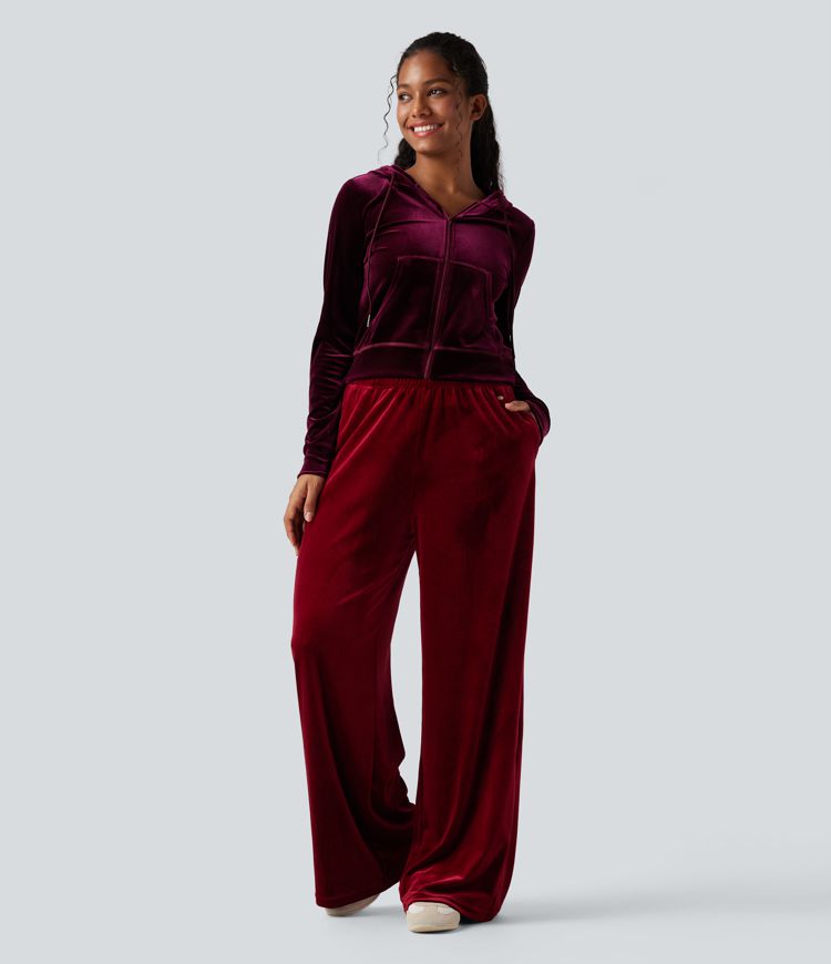 Hooded Drawstring Zipper Long Sleeve Velvet Casual Jacket with Pockets