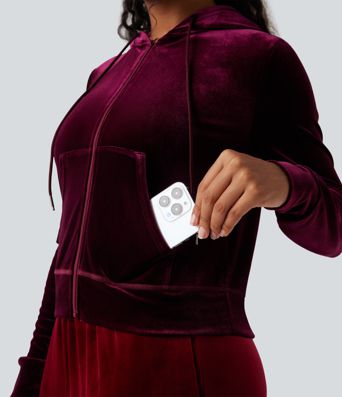 Hooded Drawstring Zipper Long Sleeve Velvet Casual Jacket with Pockets