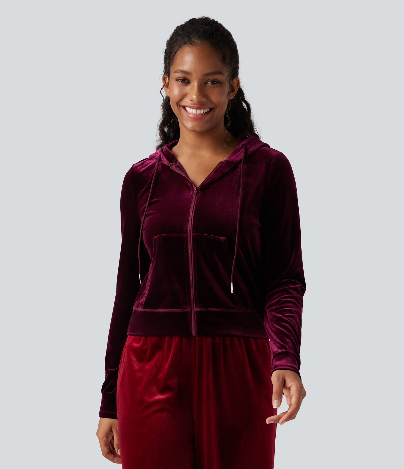 Hooded Drawstring Zipper Long Sleeve Velvet Casual Jacket with Pockets