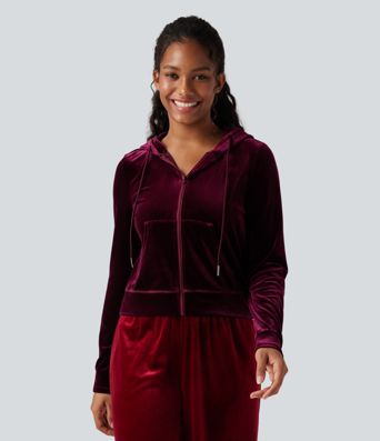Hooded Drawstring Zipper Long Sleeve Velvet Casual Jacket with Pockets