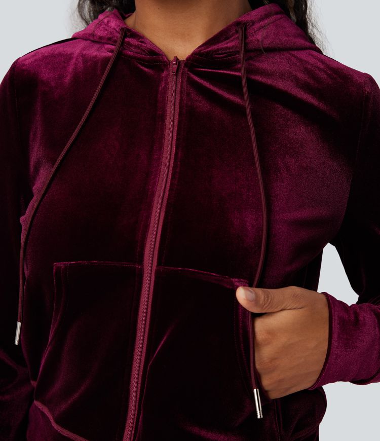 Hooded Drawstring Zipper Long Sleeve Velvet Casual Jacket with Pockets
