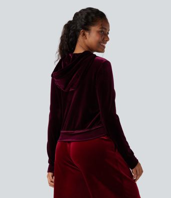 Hooded Drawstring Zipper Long Sleeve Velvet Casual Jacket with Pockets