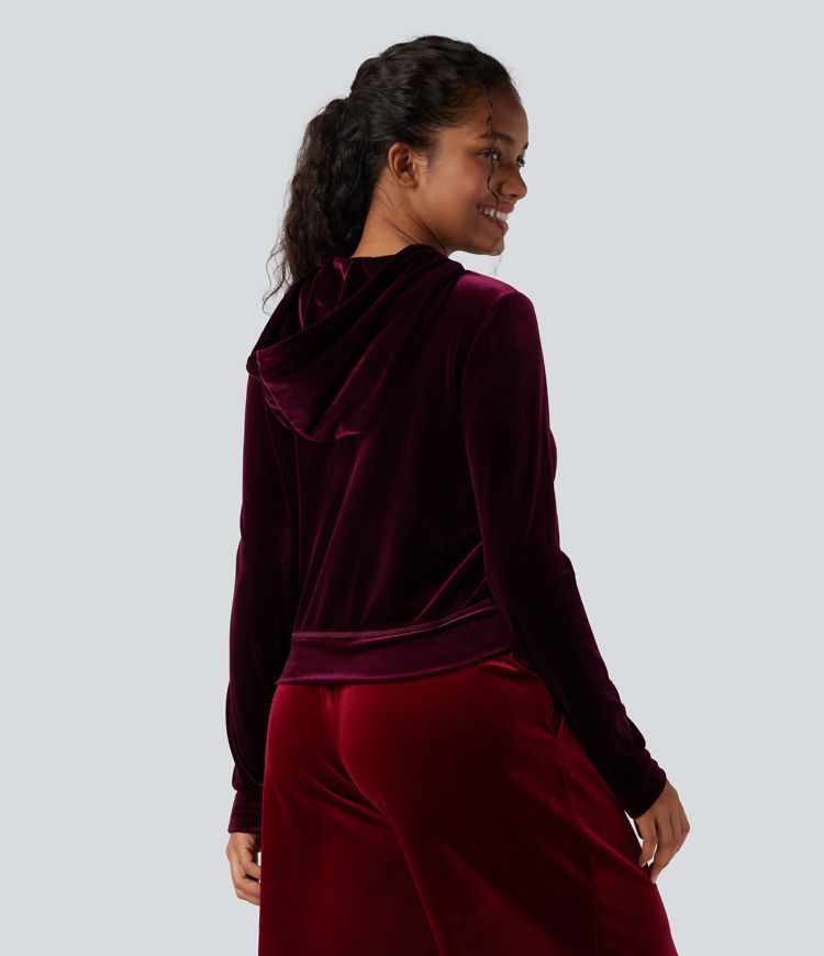 Hooded Drawstring Zipper Long Sleeve Velvet Casual Jacket with Pockets