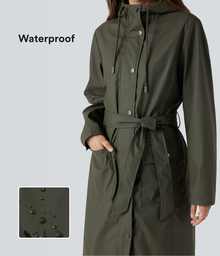 Waterproof Hooded Long Sleeve Belted PU-Like Casual Longline Jacket with Pockets