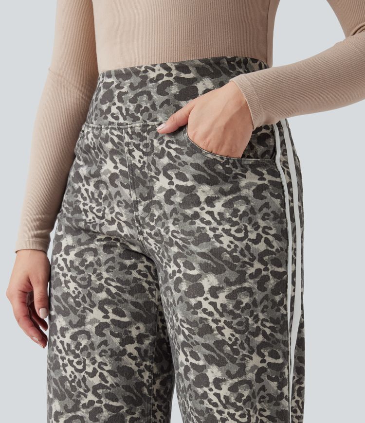 Halara Flex™ High Waisted Wide Leg Stripes Leopard Print Casual Jeans with Pockets