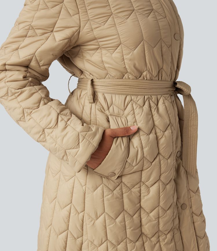 Doudoune longue à capuche avec ceinture et poches