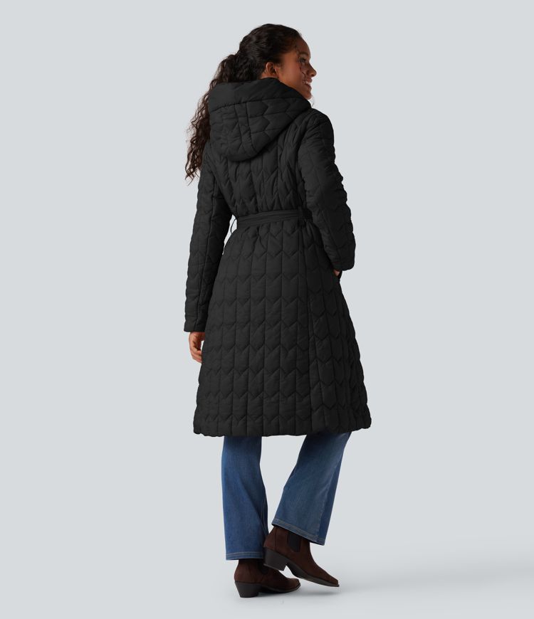 Doudoune longue à capuche avec ceinture et poches