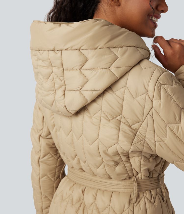 Doudoune longue à capuche avec ceinture et poches