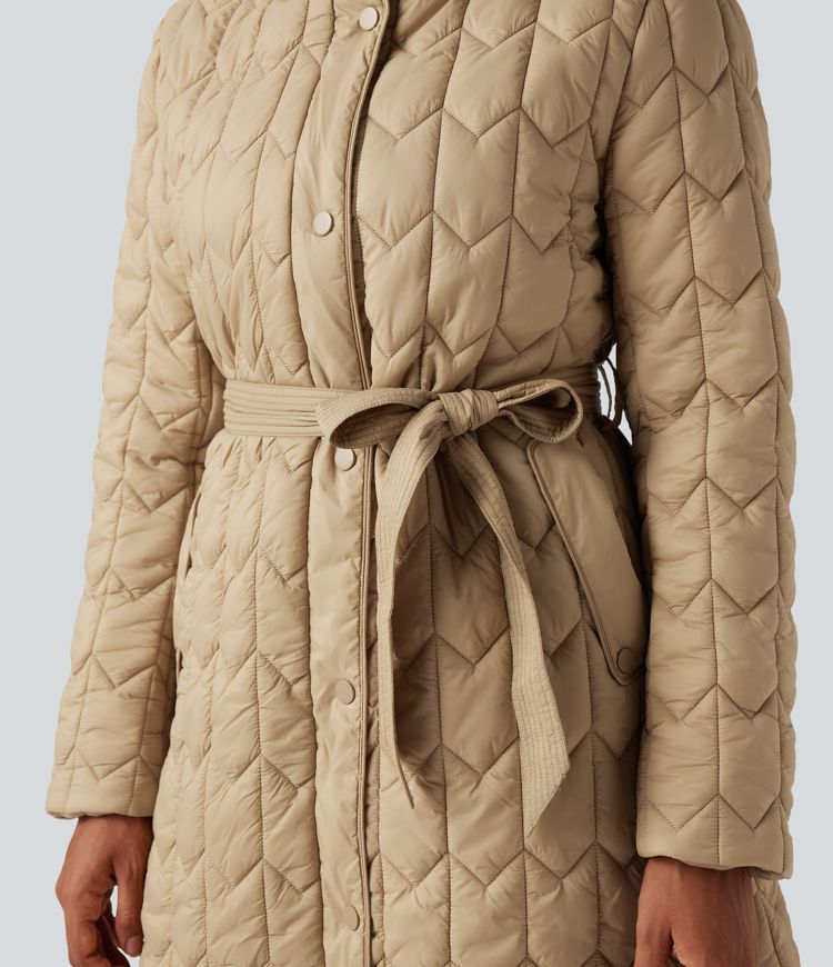 Doudoune longue à capuche avec ceinture et poches