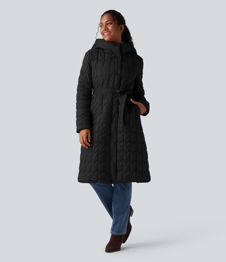 Doudoune longue à capuche avec ceinture et poches