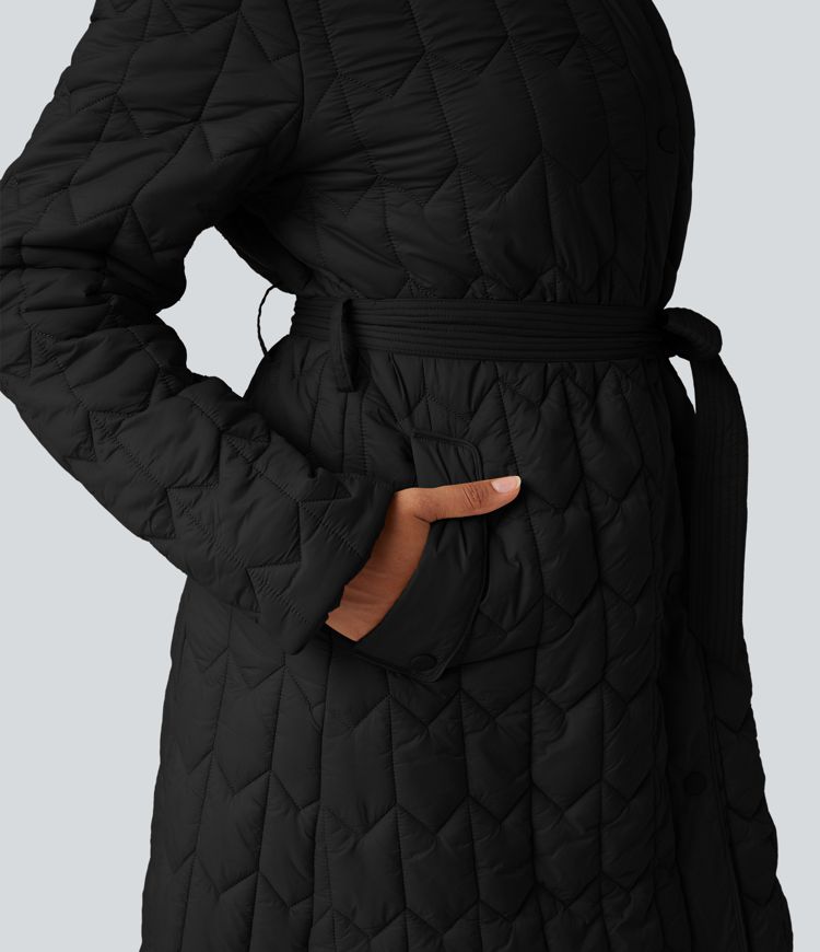 Doudoune longue à capuche avec ceinture et poches