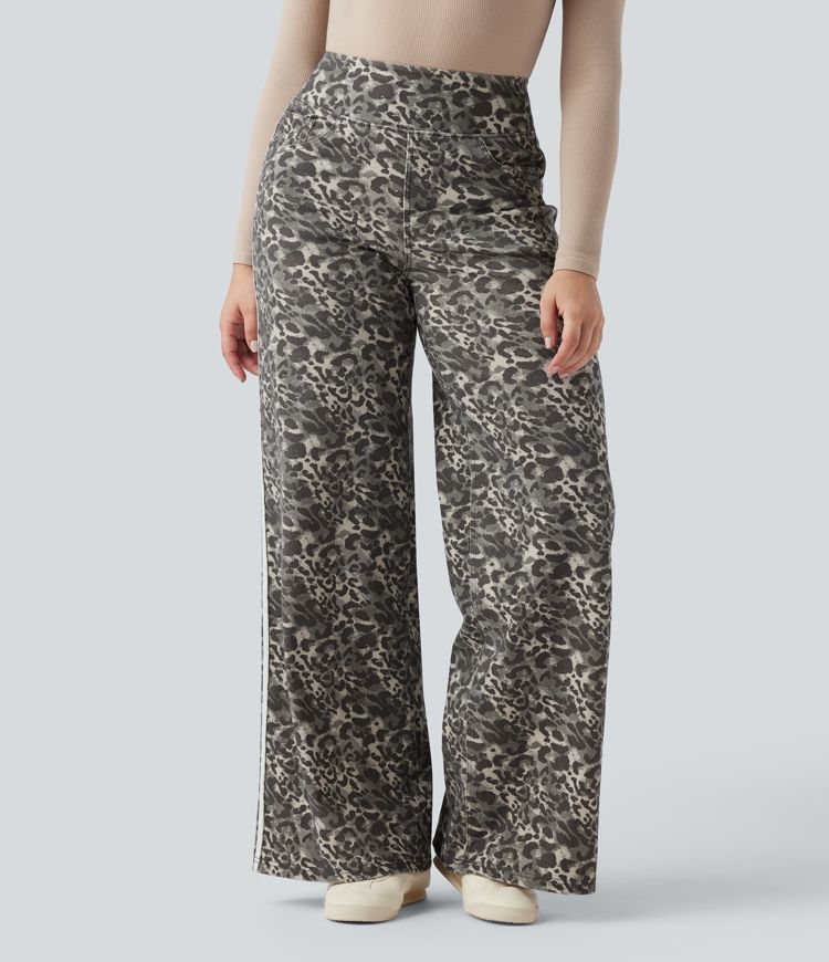 Halara Flex™ High Waisted Wide Leg Stripes Leopard Print Casual Jeans with Pockets