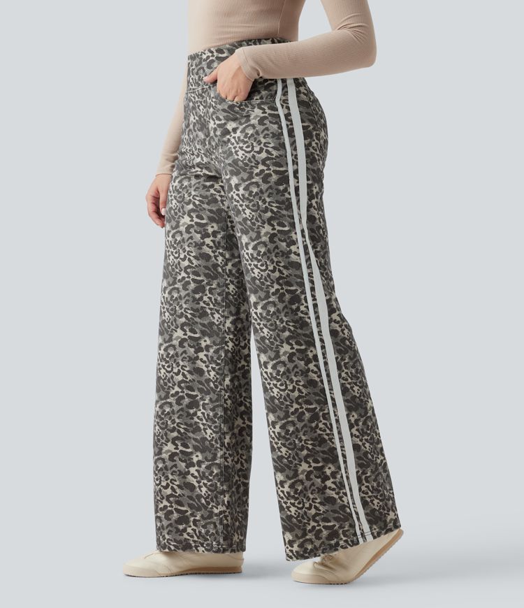Halara Flex™ High Waisted Wide Leg Stripes Leopard Print Casual Jeans with Pockets