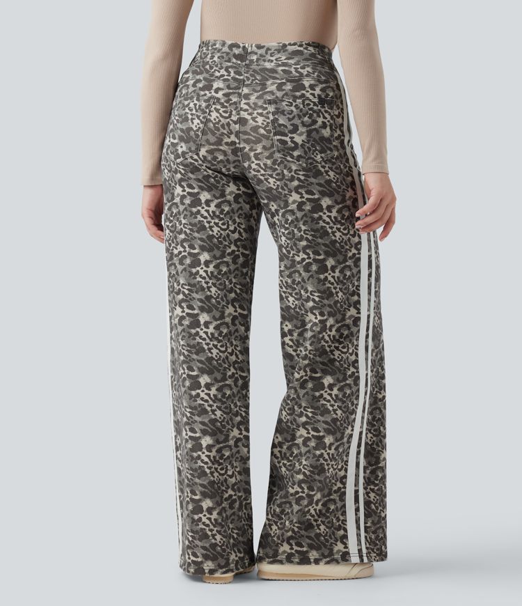 Halara Flex™ High Waisted Wide Leg Stripes Leopard Print Casual Jeans with Pockets