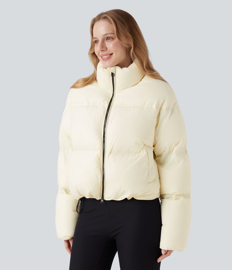 Stand Collar Drawstring Hem Casual Puffer Padded Jacket with Pockets