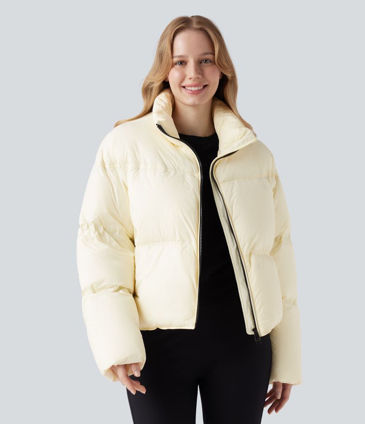 Stand Collar Drawstring Hem Casual Puffer Padded Jacket with Pockets