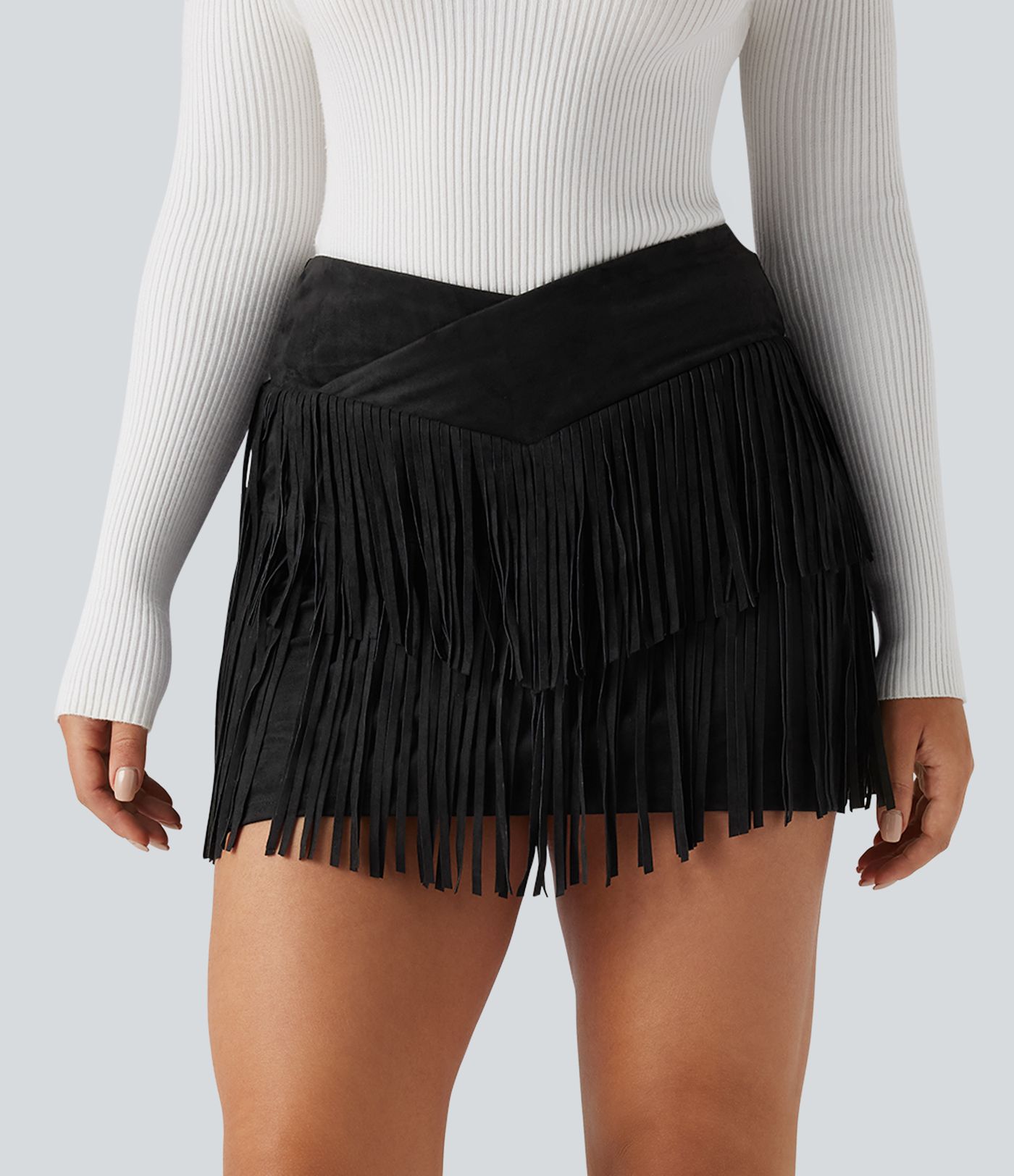 Crossover High Waisted 2-in-1 Fringe Hem Bodycon Mini Suede Party Skirt