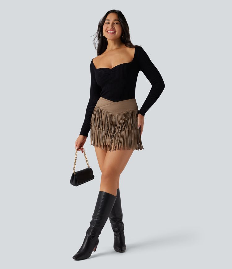 Crossover High Waisted 2-in-1 Fringe Hem Bodycon Mini Suede Party Skirt