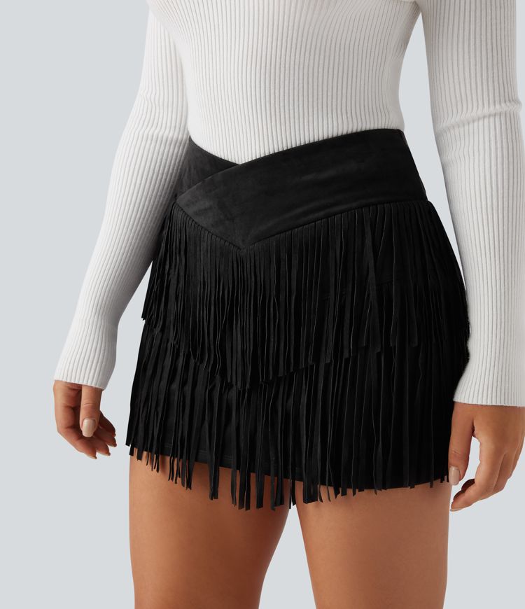Crossover High Waisted 2-in-1 Fringe Hem Bodycon Mini Suede Party Skirt