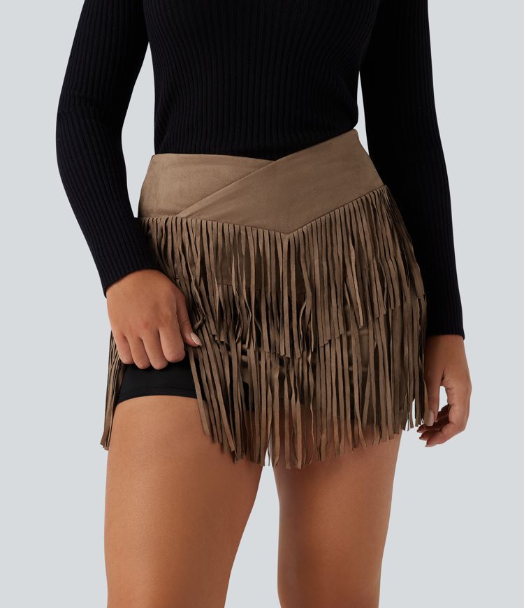 Crossover High Waisted 2-in-1 Fringe Hem Bodycon Mini Suede Party Skirt
