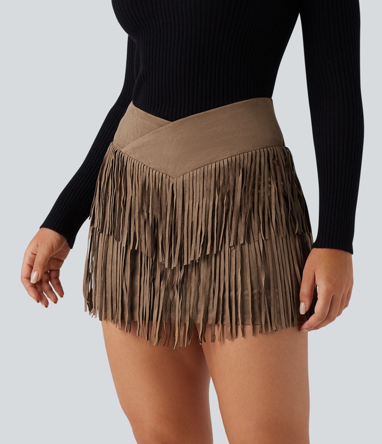 Crossover High Waisted 2-in-1 Fringe Hem Bodycon Mini Suede Party Skirt