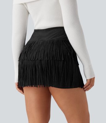 Crossover High Waisted 2-in-1 Fringe Hem Bodycon Mini Suede Party Skirt