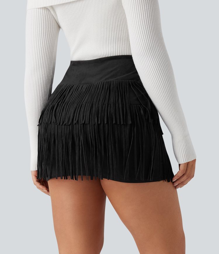 Crossover High Waisted 2-in-1 Fringe Hem Bodycon Mini Suede Party Skirt