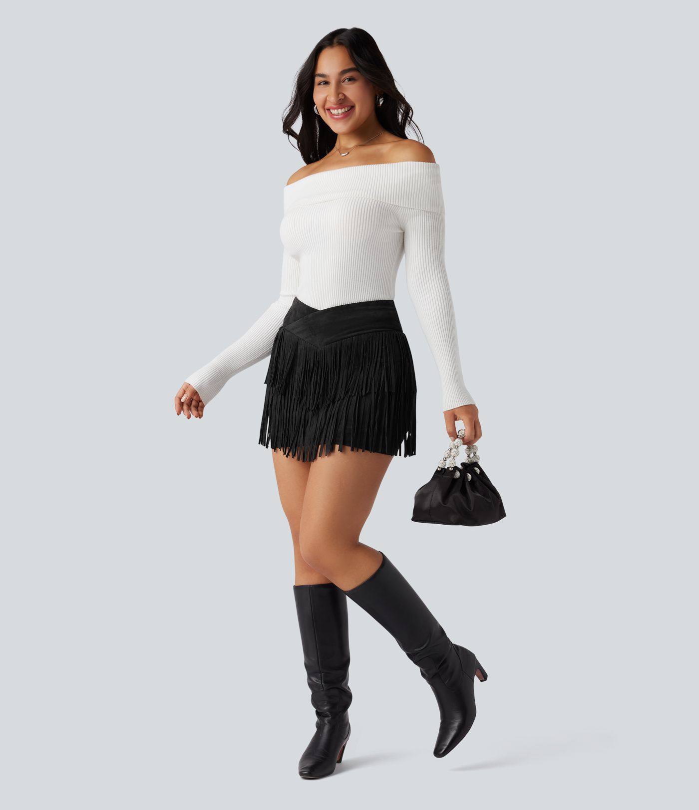 Crossover High Waisted 2-in-1 Fringe Hem Bodycon Mini Suede Party Skirt